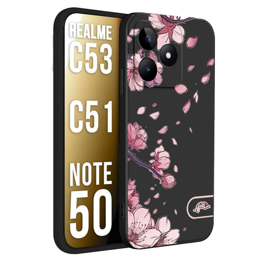 CUSTOMIZZA - Custodia cover nera morbida in tpu compatibile per Realme C53 - C51 - NOTE 50 giapponese fiori di ciliegio in fiore a rilievo disegnata tattoo