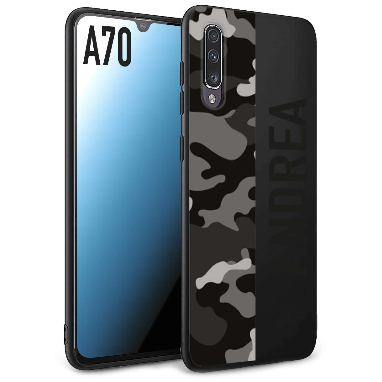 CUSTOMIZZA - Custodia cover nera morbida in tpu compatibile per Samsung A70 camouflage mimetico militare personalizzata nome