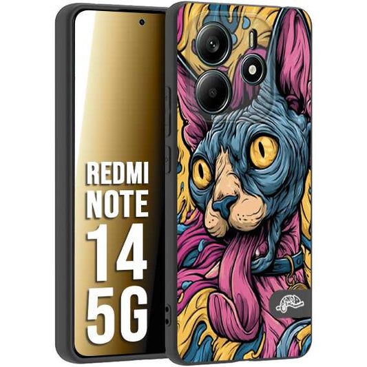 CUSTOMIZZA - Custodia cover nera morbida in tpu compatibile per Xiaomi Redmi Note 14 5G Sphynx Colorato Pop Art Psichedelico Gatto Blu Rosa Giallo Artistica Fantasy