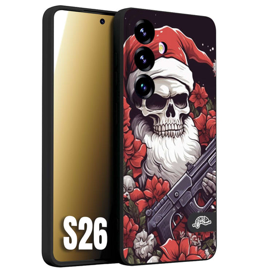 CUSTOMIZZA - Custodia cover nera morbida in tpu compatibile per Samsung S26 teschio natale santa claus fiori tattoo disegnato