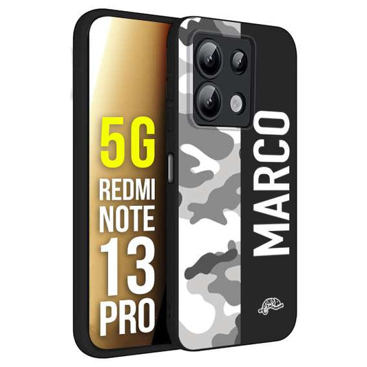 CUSTOMIZZA - Custodia cover nera morbida in tpu compatibile per Xiaomi Redmi Note 13 PRO 5G camouflage mimetico militare personalizzata nome bianco