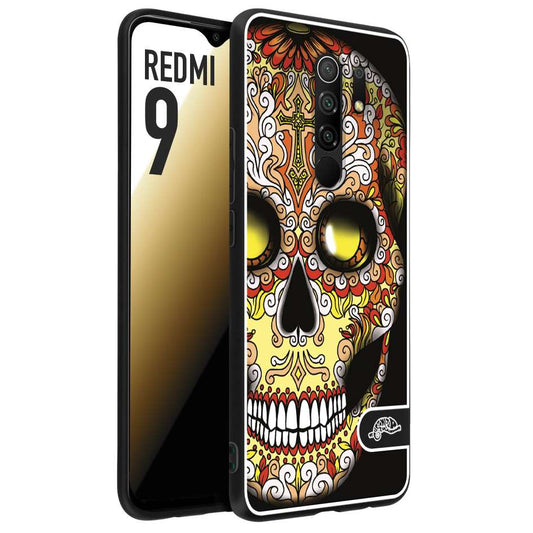 CUSTOMIZZA - Custodia cover nera morbida in tpu compatibile per Xiaomi Redmi 9 teschio messicano Mexican skull giallo rosso arancio
