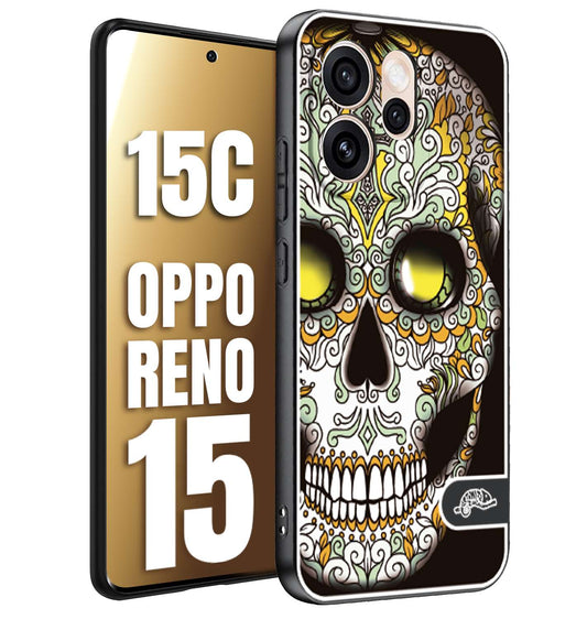 CUSTOMIZZA - Custodia cover nera morbida in tpu compatibile per Oppo Reno 15 - Reno 15Cteschio messicano Mexican skull bianco verde giallo
