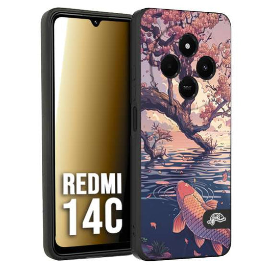 CUSTOMIZZA - Custodia cover nera morbida in tpu compatibile per Xiaomi Redmi 14C giapponese lago carpa koi rosa con foglie d'acero disegnata tattoo