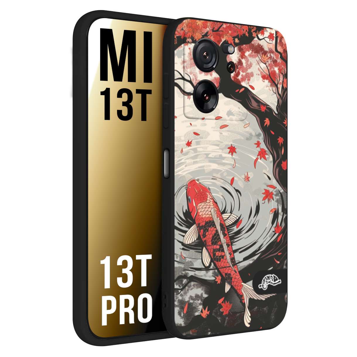 CUSTOMIZZA - Custodia cover nera morbida in tpu compatibile per Xiaomi 13T - 13T PRO giapponese lago carpa koi rossa con foglie d'acero rosso disegnata tattoo