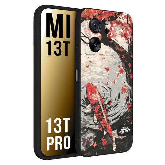 CUSTOMIZZA - Custodia cover nera morbida in tpu compatibile per Xiaomi 13T - 13T PRO giapponese lago carpa koi rossa con foglie d'acero rosso disegnata tattoo