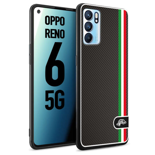 CUSTOMIZZA - Custodia cover nera morbida in tpu compatibile per Oppo Reno 6 5G effetto fibra di carbonio bandiera Italia made in Italy