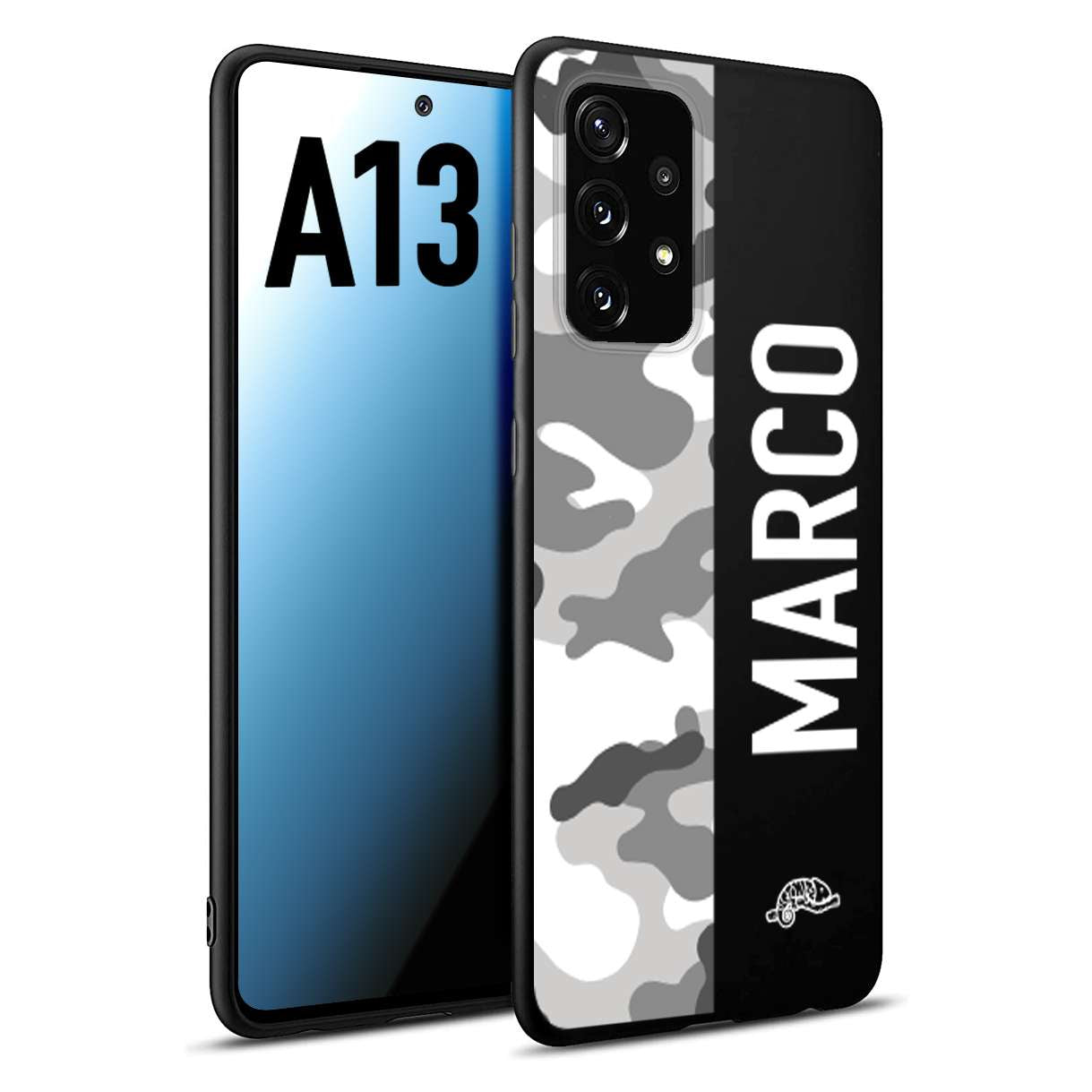 CUSTOMIZZA - Custodia cover nera morbida in tpu compatibile per Samsung A13 camouflage mimetico militare personalizzata nome bianco