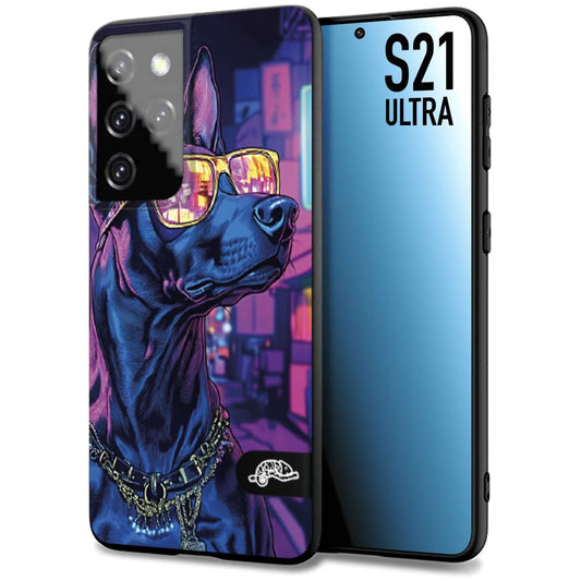 CUSTOMIZZA - Custodia cover nera morbida in tpu compatibile per Samsung S21 ULTRA animali cyberpunk dobermann cane street dog fucsia blu night