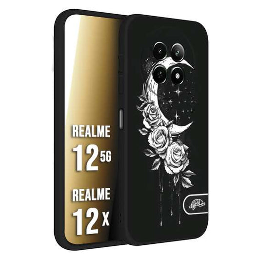 CUSTOMIZZA - Custodia cover nera morbida in tpu compatibile per Realme 12 5G - 12X luna e fiori moon flowers black and white bianco a rilievo disegnato