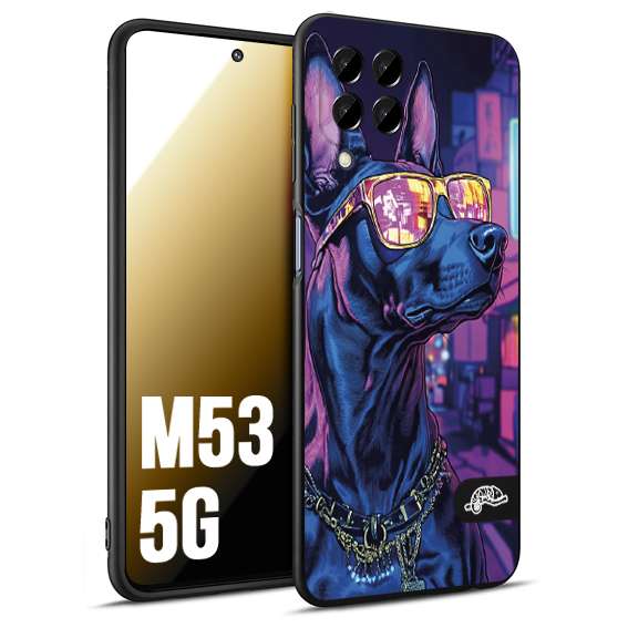 CUSTOMIZZA - Custodia cover nera morbida in tpu compatibile per Samsung M53 5G animali cyberpunk dobermann cane street dog fucsia blu night