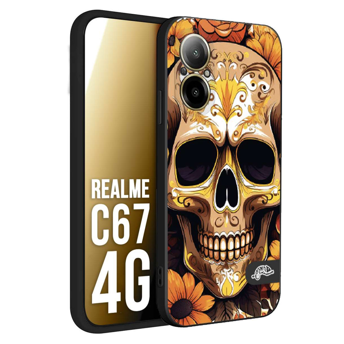 CUSTOMIZZA - Custodia cover nera morbida in tpu compatibile per Realme C67 4G teschio messicano colorato dorato fiori tattoo disegnato