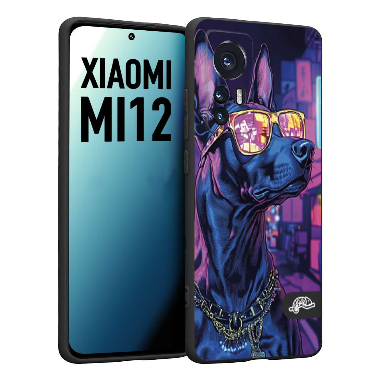 CUSTOMIZZA - Custodia cover nera morbida in tpu compatibile per Xiaomi 12 5G animali cyberpunk dobermann cane street dog fucsia blu night