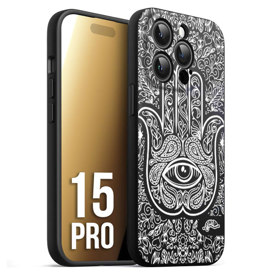 CUSTOMIZZA - Custodia cover nera morbida in tpu compatibile per iPhone 15 PRO mano di fatima effetto rilievo mandala donna