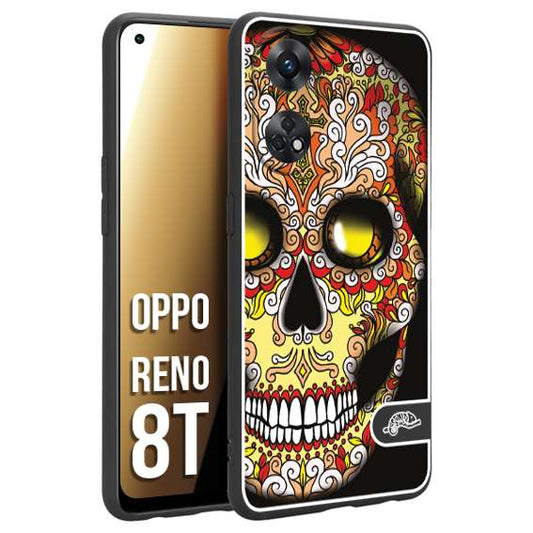 CUSTOMIZZA - Custodia cover nera morbida in tpu compatibile per Oppo Reno 8T teschio messicano Mexican skull giallo rosso arancio