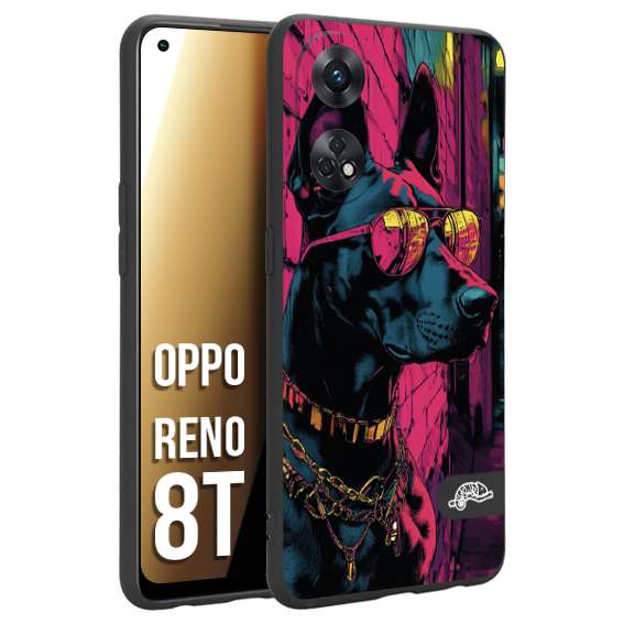 CUSTOMIZZA - Custodia cover nera morbida in tpu compatibile per Oppo Reno 8T animali cyberpunk dobermann cane street dog fucsia blu