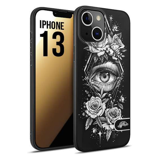 CUSTOMIZZA - Custodia cover nera morbida in tpu compatibile per iPhone 13 occhio fiori rombo geometrico black and white bianco a rilievo disegnato tattoo tatuaggio