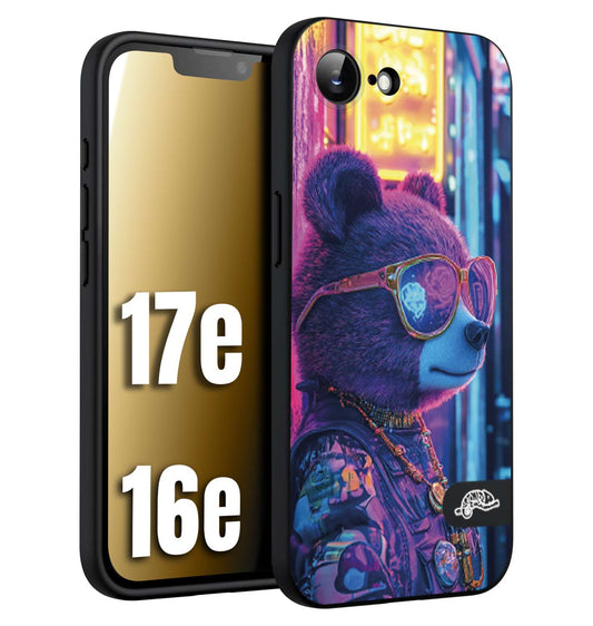 CUSTOMIZZA - Custodia cover nera morbida in tpu compatibile per iPhone 16E - 17E animali cyberpunk orsetto orso street bear fucsia blu night