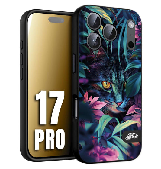 CUSTOMIZZA - Custodia cover nera morbida in tpu compatibile per iPhone 17 PRO animali color giungla tropicale occhio di gatto colori vibranti disegnato