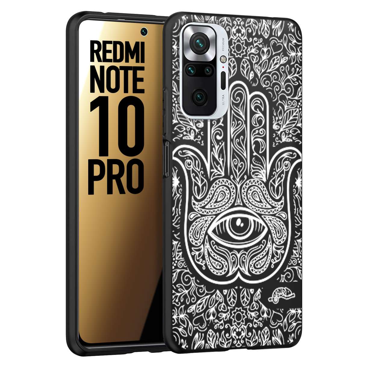 CUSTOMIZZA - Custodia cover nera morbida in tpu compatibile per Xiaomi Redmi Note 10 PRO mano di fatima effetto rilievo mandala donna