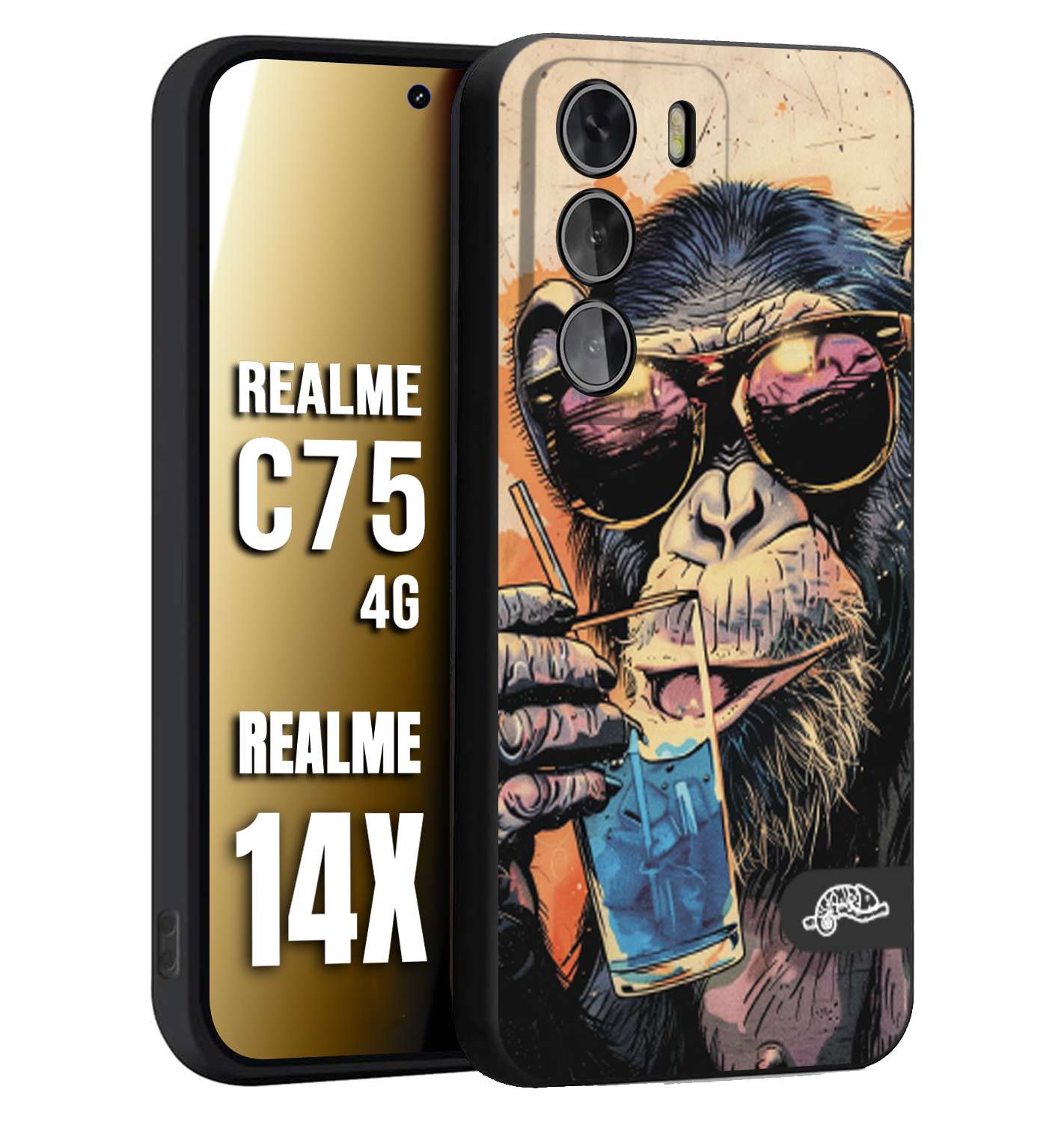 CUSTOMIZZA - Custodia cover nera morbida in tpu compatibile per Realme 14X - C75 4G estate disegnata cocktails animali simpatici scimmia monkey negroni