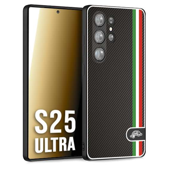 CUSTOMIZZA - Custodia cover nera morbida in tpu compatibile per Samsung S25 ULTRA effetto fibra di carbonio bandiera Italia made in Italy