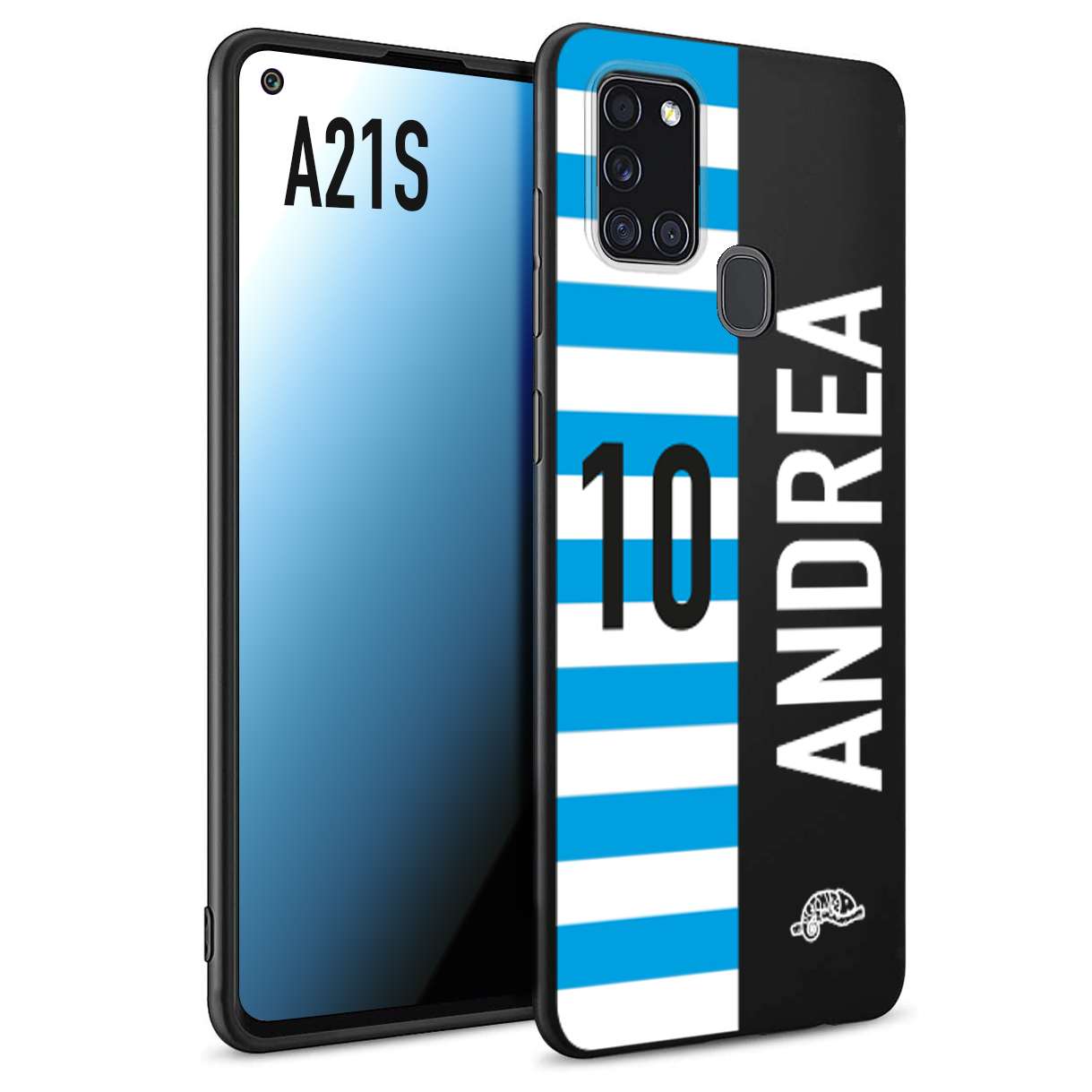 CUSTOMIZZA - Custodia cover nera morbida in tpu compatibile per Samsung A21S personalizzata calcio football nome e numero calciatori biancazzurri