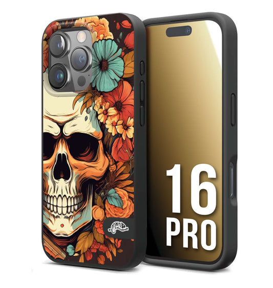 CUSTOMIZZA - Custodia cover nera morbida in tpu compatibile per iPhone 16 PRO teschio skull flowers fiori autunnali arancio celeste tattoo