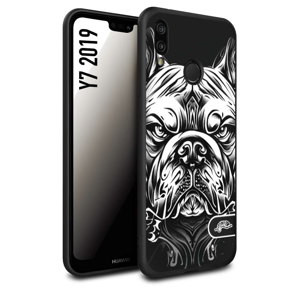 CUSTOMIZZA - Custodia cover nera morbida in tpu compatibile per Huawei Y7 2019 bulldog bianco a rilievo disegnato tattoo tatuaggio