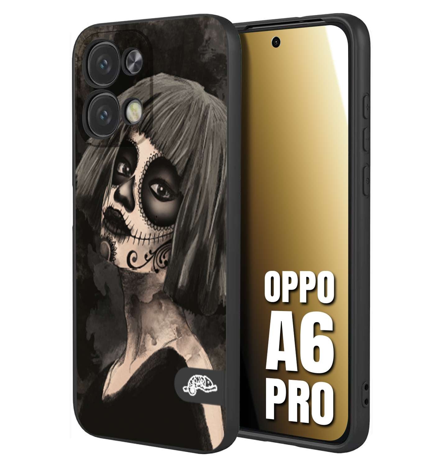 CUSTOMIZZA - Custodia cover nera morbida in tpu compatibile per Oppo A6 PRO chicana messicana dea de la muerte donna santa tattoo disegnata