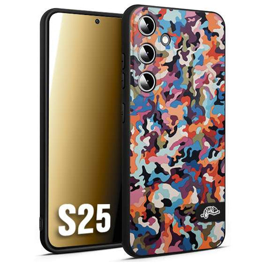 CUSTOMIZZA - Custodia cover nera morbida in tpu compatibile per Samsung S25 camouflage mimetico militare moderno blu arancio rosa