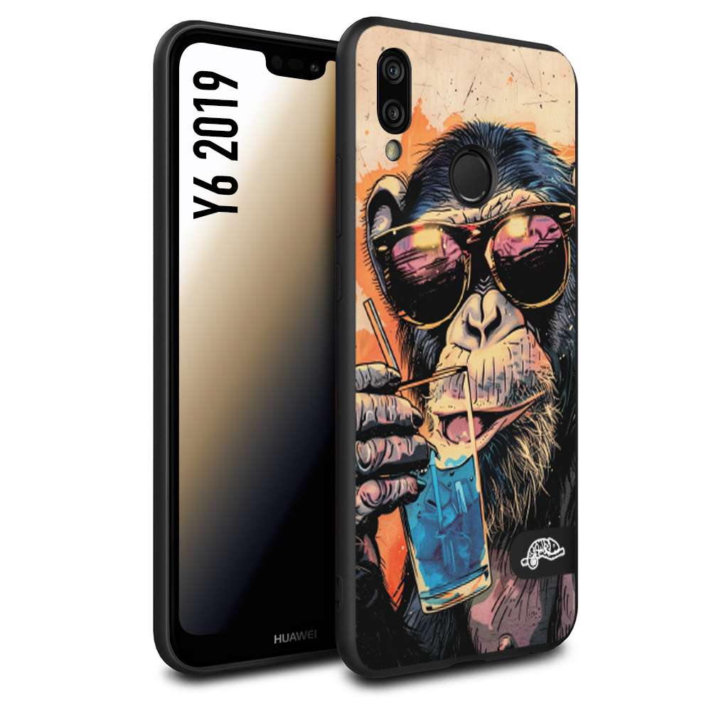 CUSTOMIZZA - Custodia cover nera morbida in tpu compatibile per Huawei Y6 2019 estate disegnata cocktails animali simpatici scimmia monkey negroni