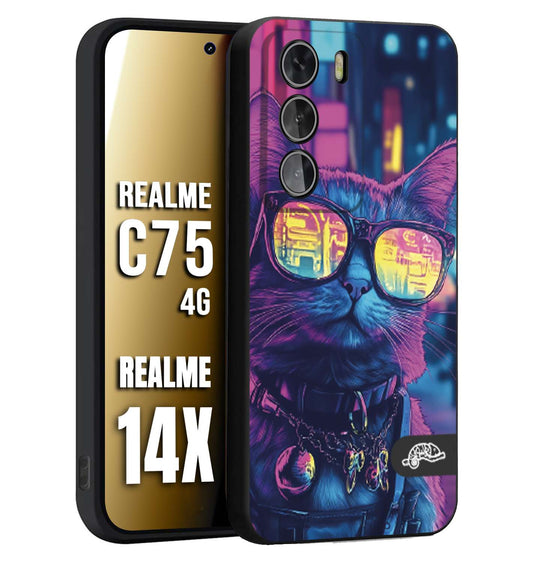 CUSTOMIZZA - Custodia cover nera morbida in tpu compatibile per Realme 14X - C75 4G animali cyberpunk gatto street cat fucsia blu giallo