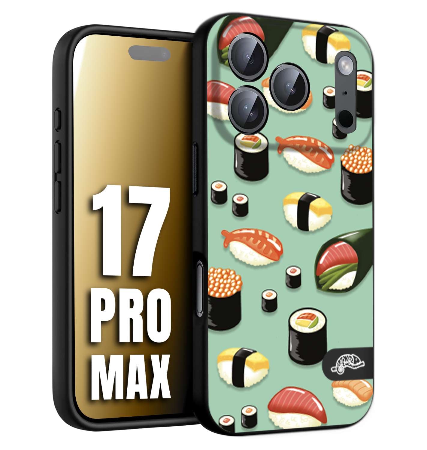 CUSTOMIZZA - Custodia cover nera morbida in tpu compatibile per iPhone 17 PRO MAX sushi disegni giapponese nighiri acquamarina verde