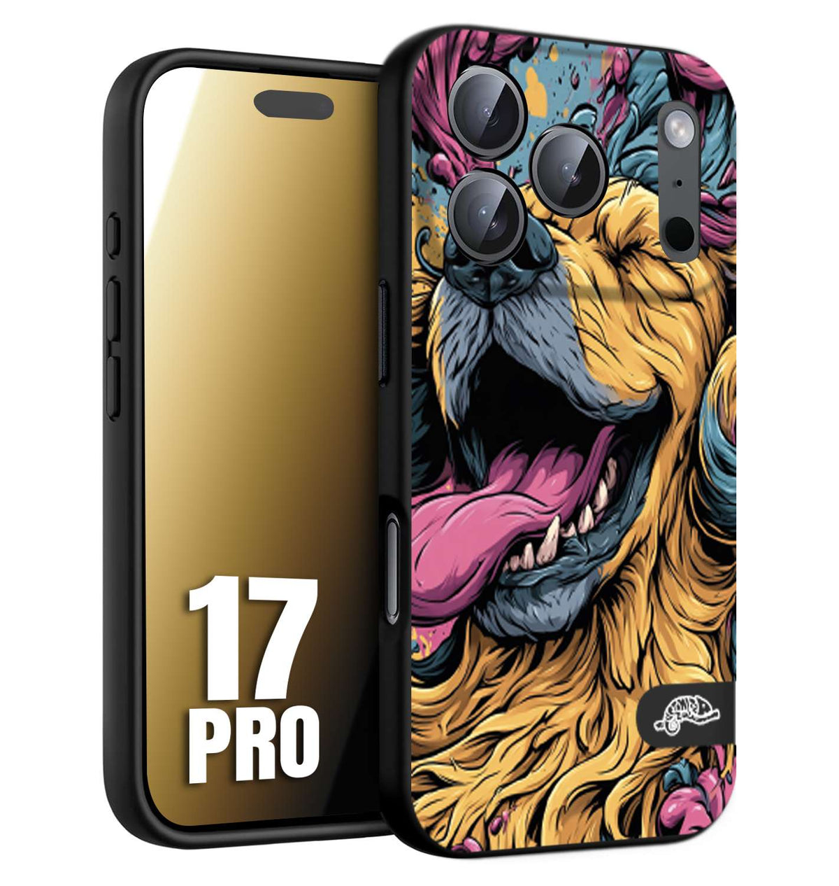 CUSTOMIZZA - Custodia cover nera morbida in tpu compatibile per iPhone 17 PRO Golden Retriever illustrazione cane pop art cane street art cartone animato