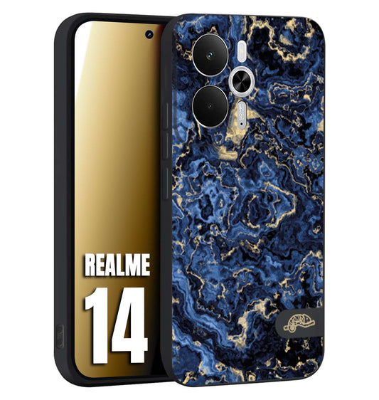 CUSTOMIZZA - Custodia cover nera morbida in tpu compatibile per Realme 14 5G effetto marmo marble blu venature dorato psichedelico
