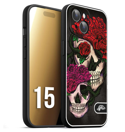 CUSTOMIZZA - Custodia cover nera morbida in tpu compatibile per iPhone 15 teschi e rose rosse fucsia skull and roses