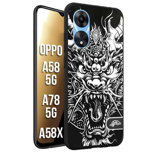 CUSTOMIZZA - Custodia cover nera morbida in tpu compatibile per Oppo A58 5G - A78 5G - A58X drago black and white bianco a rilievo disegnato tattoo tatuaggio