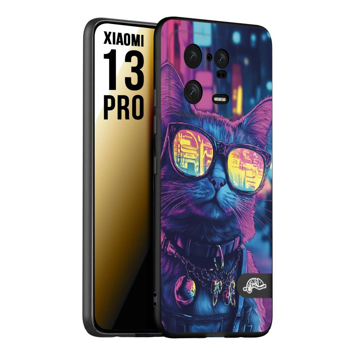 CUSTOMIZZA - Custodia cover nera morbida in tpu compatibile per Xiaomi 13 PRO animali cyberpunk gatto street cat fucsia blu giallo