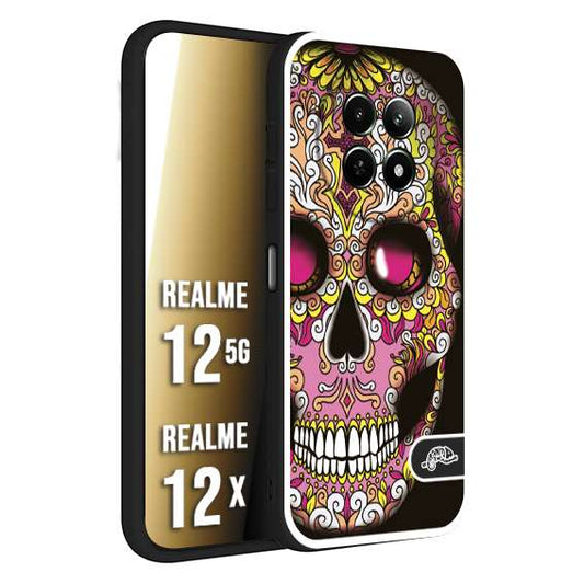 CUSTOMIZZA - Custodia cover nera morbida in tpu compatibile per Realme 12 5G - 12X teschio messicano Mexican skull rosa gialla