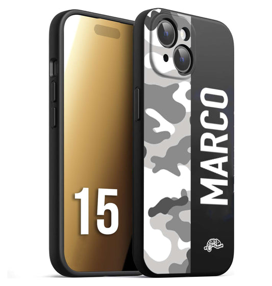 CUSTOMIZZA - Custodia cover nera morbida in tpu compatibile per iPhone 15 camouflage mimetico militare personalizzata nome bianco