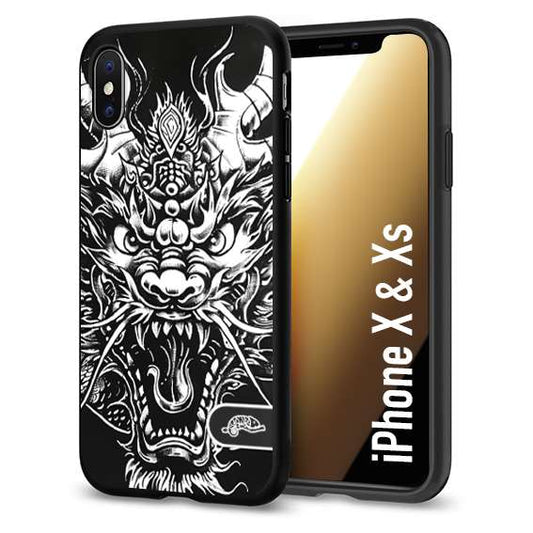 CUSTOMIZZA - Custodia cover nera morbida in tpu compatibile per iPhone X - Xs drago black and white bianco a rilievo disegnato tattoo tatuaggio