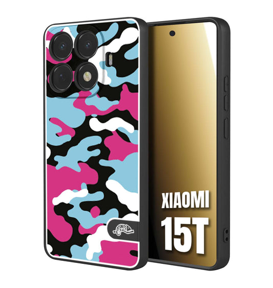 CUSTOMIZZA - Custodia cover nera morbida in tpu compatibile per Xiaomi 15T camouflage mimetico militare fucsia celeste