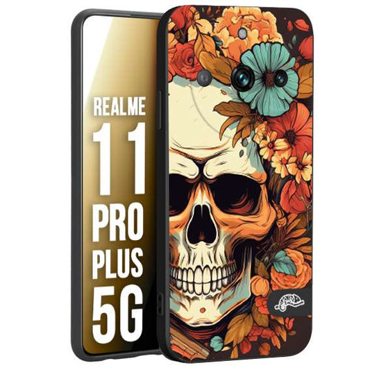 CUSTOMIZZA - Custodia cover nera morbida in tpu compatibile per Oppo Realme 11 PRO PLUS 5G teschio skull flowers fiori autunnali arancio celeste tattoo