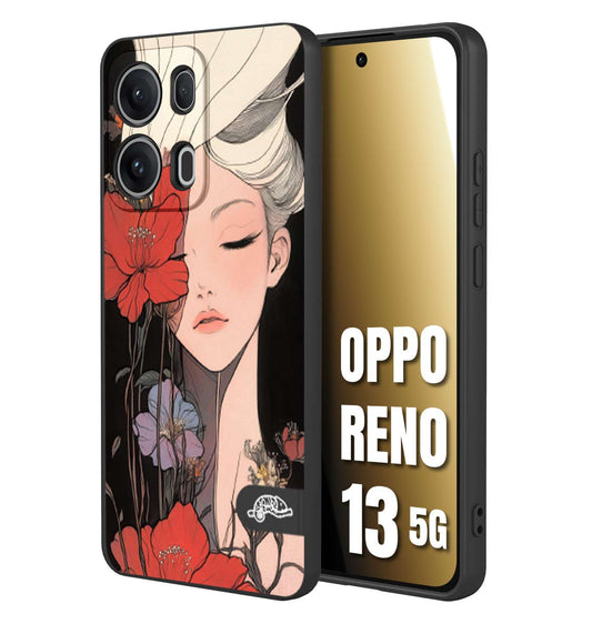 CUSTOMIZZA - Custodia cover nera morbida in tpu compatibile per Oppo Reno 13 5G woman flower Fantasia Floreale Design Donna e Fiori, Retro Artistico