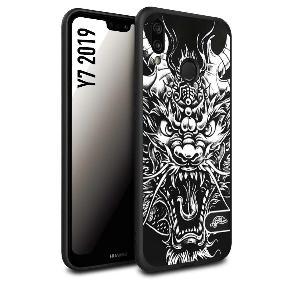 CUSTOMIZZA - Custodia cover nera morbida in tpu compatibile per Huawei Y7 2019 drago black and white bianco a rilievo disegnato tattoo tatuaggio