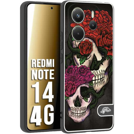 CUSTOMIZZA - Custodia cover nera morbida in tpu compatibile per Xiaomi Redmi Note 14 4G teschi e rose rosse fucsia skull and roses