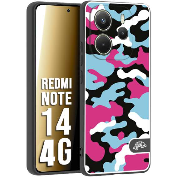 CUSTOMIZZA - Custodia cover nera morbida in tpu compatibile per Xiaomi Redmi Note 14 4G camouflage mimetico militare fucsia celeste