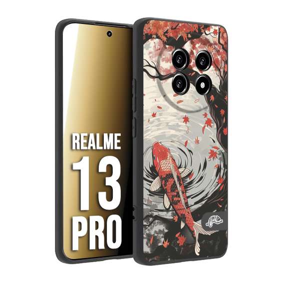 CUSTOMIZZA - Custodia cover nera morbida in tpu compatibile per Realme 13 PRO giapponese lago carpa koi rossa con foglie d'acero rosso disegnata tattoo