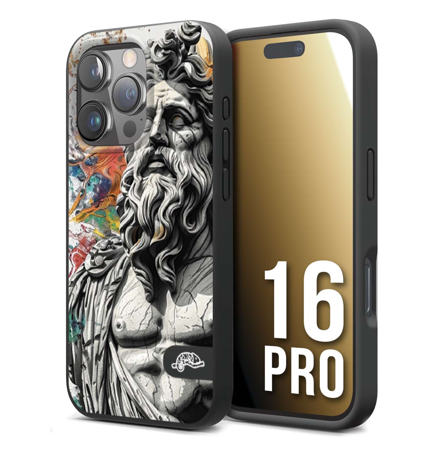 CUSTOMIZZA - Custodia cover nera morbida in tpu compatibile per iPhone 16 PRO statua colorata moderna antico tattoo splash color